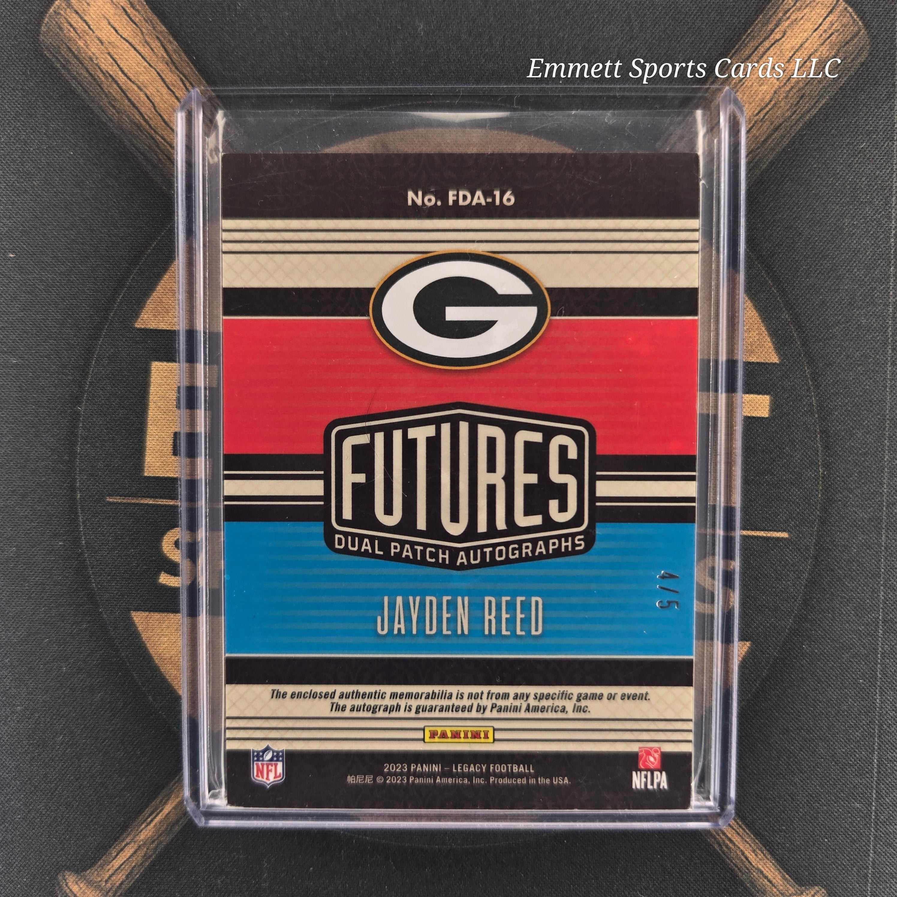 2023 Panini Legacy Jayden Reed Futures Patch Auto Diamond /5 | The Break Room Cards-2