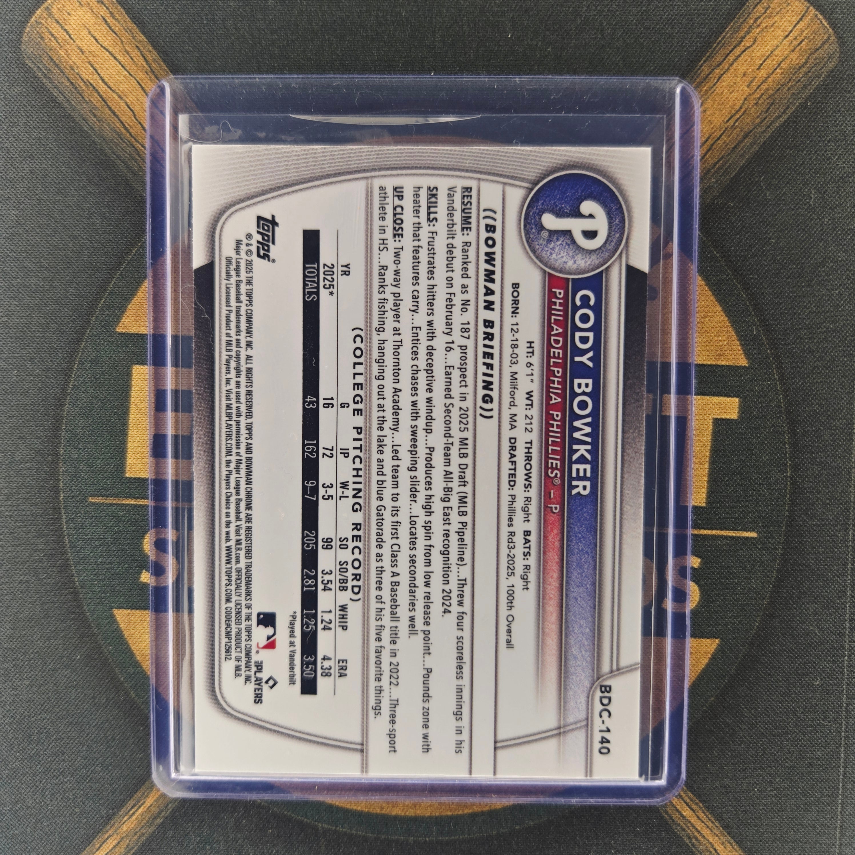 2025 Bowman Draft Sapphire Cody Bowker Refractor
