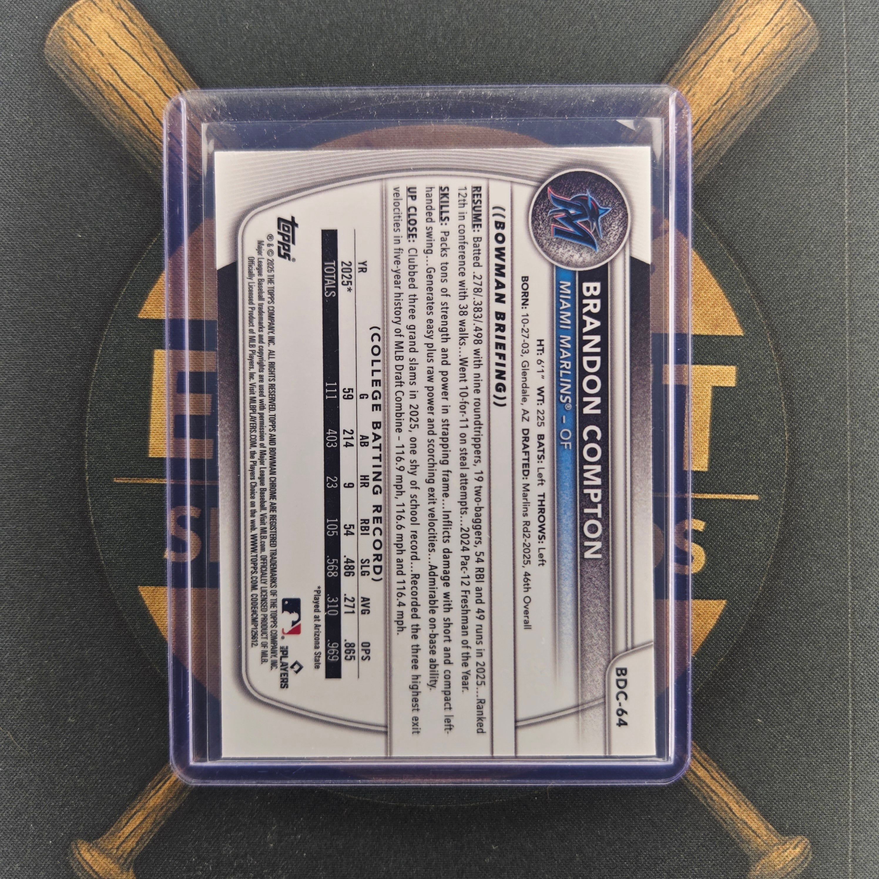 2025 Bowman Draft Sapphire Brandon Compton Refractor