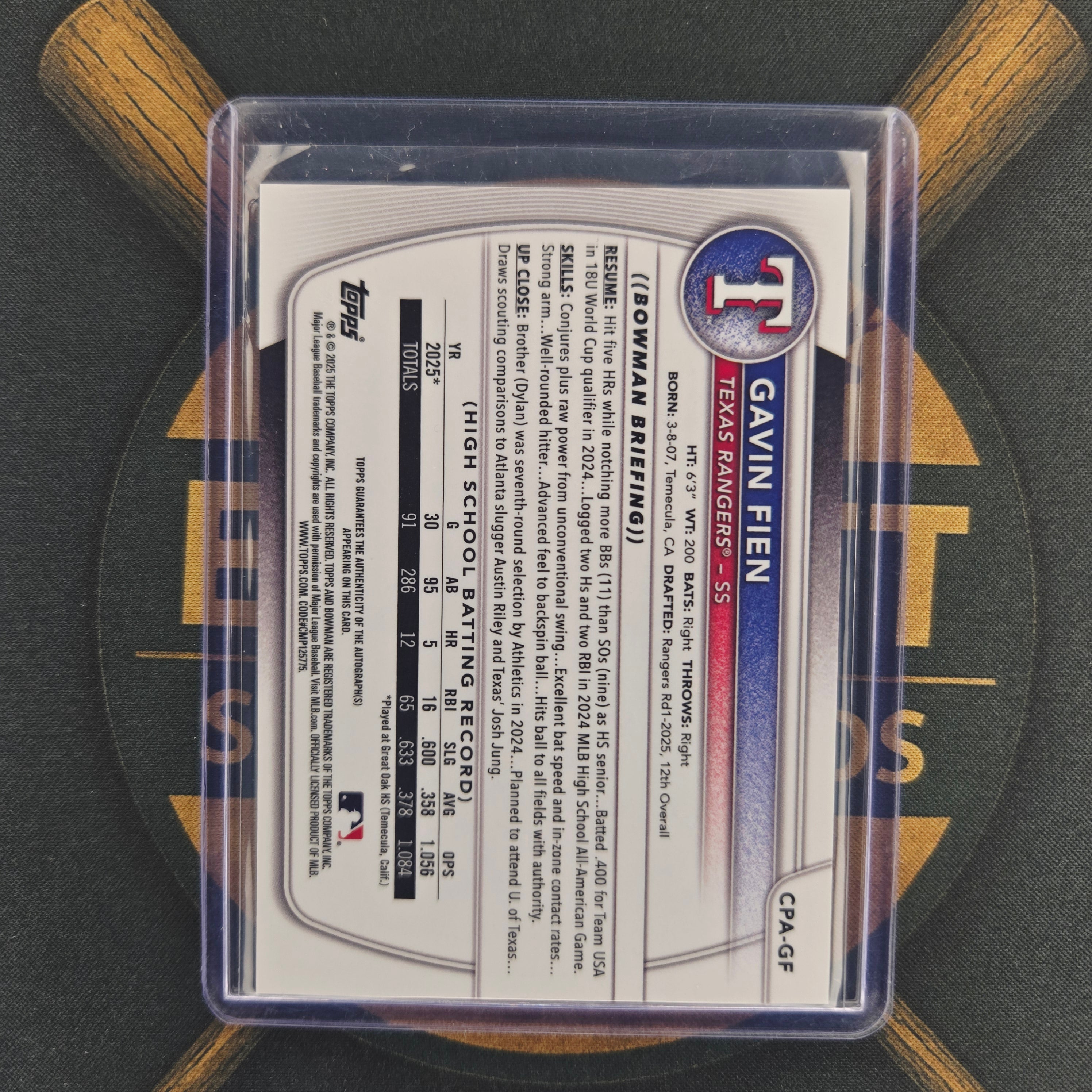 2025 Bowman Draft Sapphire Gavin Fien Refractor Auto