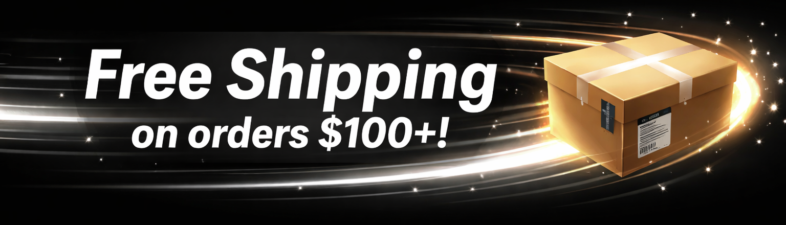 Promotional graphic for free shipping on orders over $100 with a cardboard box icon.